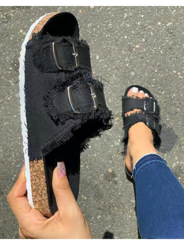 Fashion Plain Open Toe Denim Dual Strap Flats Slide Sandals