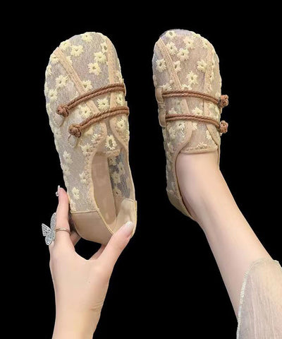 Atmungsaktive Mesh Khaki Flache Schuhe Stickerei Spleißen