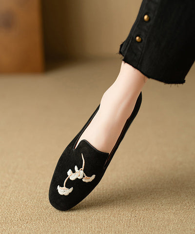 Rosa Stickerei Wildleder Flache Schuhe Für Frauen Retro