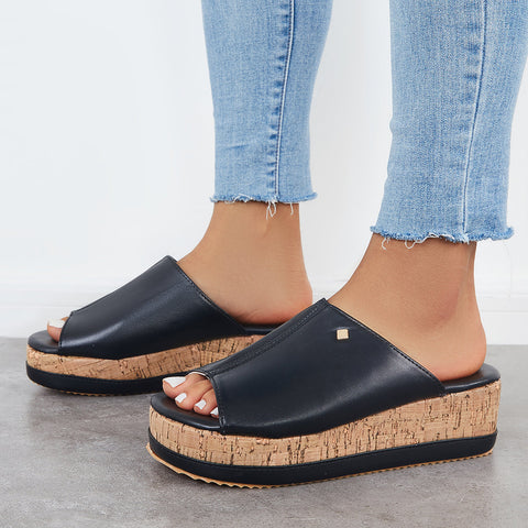 Bequeme Slip-on-Sandalen mit Kork-Fußbett und Plateau-Keilabsatz
