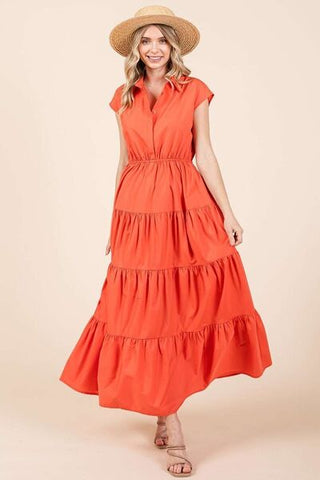 Orange Button Up Collared Tiered Maxi Shirt Resort Dress