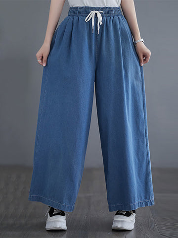 Women Summer Thin Solid Drawstring Wide-leg Denim Pants