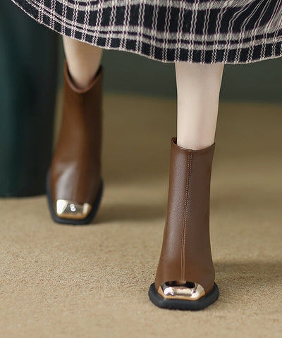 Frauen Reißverschluss Spleißen Elegante Chunky Stiefel Braun Rindsleder