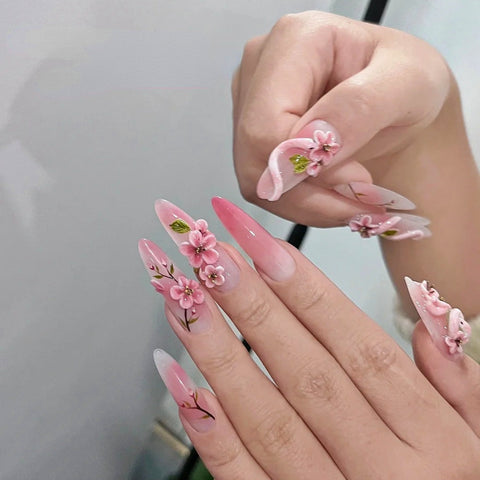 Luxury 3D Press On Nails Long Almond Peach Blossom and Snake Pink Series Handmade Unique Fake Nails with SetCarefully designed pure handmade press-on gel nails
