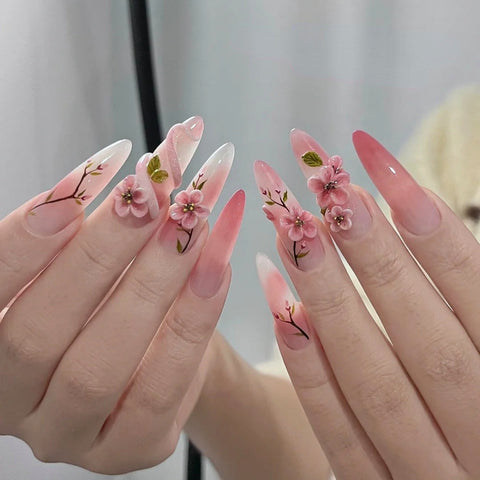 Luxury 3D Press On Nails Long Almond Peach Blossom and Snake Pink Series Handmade Unique Fake Nails with SetCarefully designed pure handmade press-on gel nails