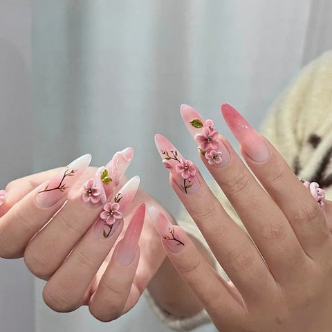 Luxury 3D Press On Nails Long Almond Peach Blossom and Snake Pink Series Handmade Unique Fake Nails with SetCarefully designed pure handmade press-on gel nails