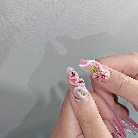 Luxury 3D Press On Nails Long Almond Peach Blossom and Snake Pink Series Handmade Unique Fake Nails with SetCarefully designed pure handmade press-on gel nails