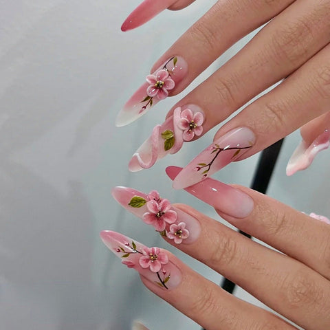 Luxury 3D Press On Nails Long Almond Peach Blossom and Snake Pink Series Handmade Unique Fake Nails with SetCarefully designed pure handmade press-on gel nails