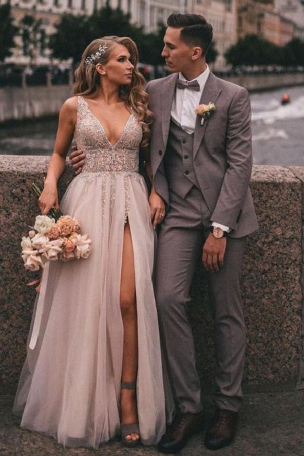 Bmbridal V-Neck Sleeveless Tulle Wedding Dress Slit With Appliques