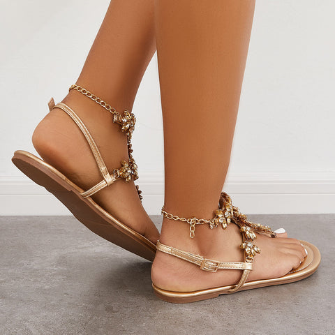 Rhinestone T-Strap Flip Flops Sandals Flat Sandals
