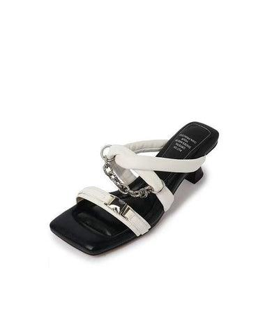Stylish Splicing High Heel Gold Cowhide Leather Slide Sandals