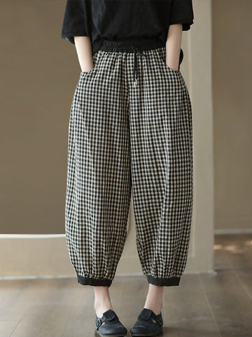 Women Summer Vintage Plaid Pocket Spliced Linen Harem Pants