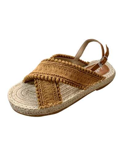 Braune flache Sandalen Strickstoff Bequemes Spleißen Peep Toe Schnallenriemen