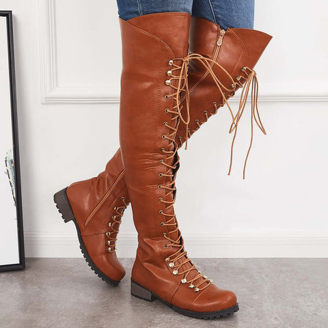 Chunky Heel Lace Up Over The Knee Thing High Riding Boots