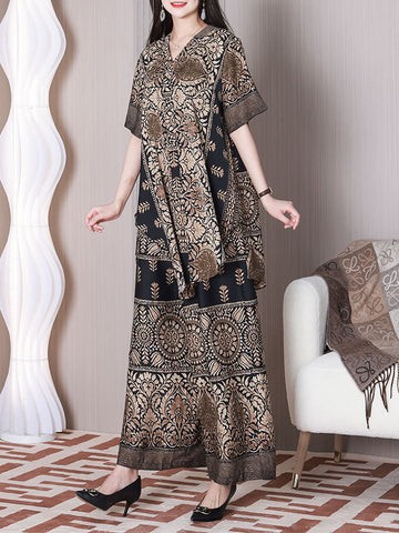 Women Retro Flower Irregular Hem Drawstring Wide-leg Shirt+Pants