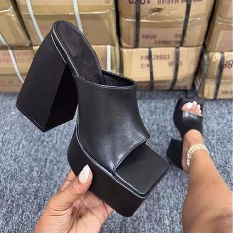 Chunky Platform Sandals Slip On Square Toe High Heel Mules