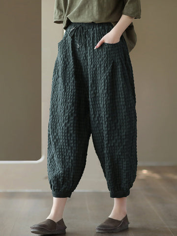 Women Summer Vintage Plaid Pocket Spliced Linen Harem Pants