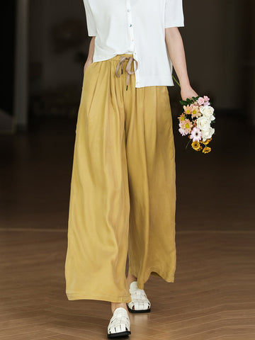 Women Solid Pleat Drawstring Pocket Loose Straight-leg Pants