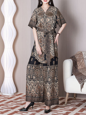 Women Retro Flower Irregular Hem Drawstring Wide-leg Shirt+Pants