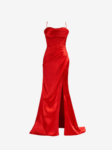 Red Spaghetti Straps Satin Mermaid Prom Dress with Slit
