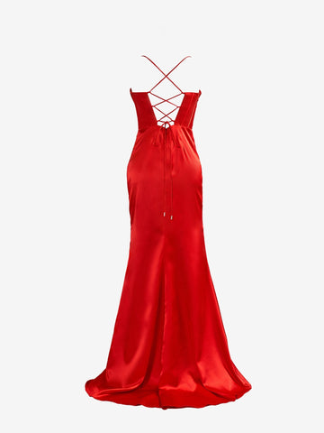 Red Spaghetti Straps Satin Mermaid Prom Dress with Slit