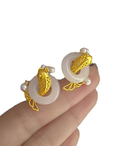 Chinese Style White Copper Overgild Jade Pearl Koi Fish Hoop Earrings