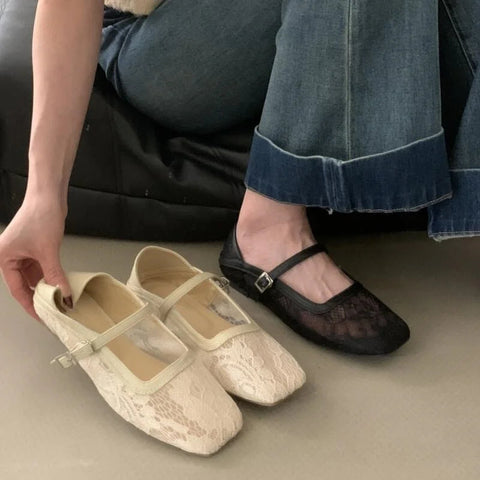 Mary Jane Flats Schuhe Damen Sommerschuhe mit quadratischer Zehenpartie und flachem Netzstoff, Schnallenriemen, Ballettschuhe, bequeme Mokassins