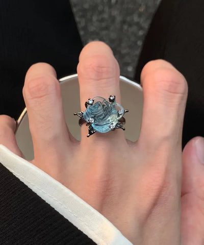 Original Design Light Blue Copper Zircon Resin Rose Open Rings Blue Copper Zircon Resin Rose Open Rings