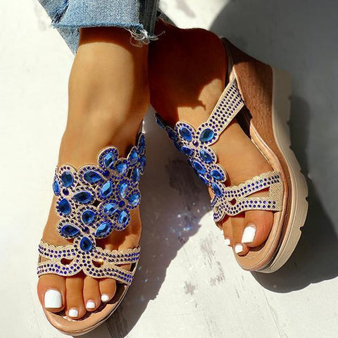 Rhinestone Embellishment Platform Wedges Slip-on Sandals