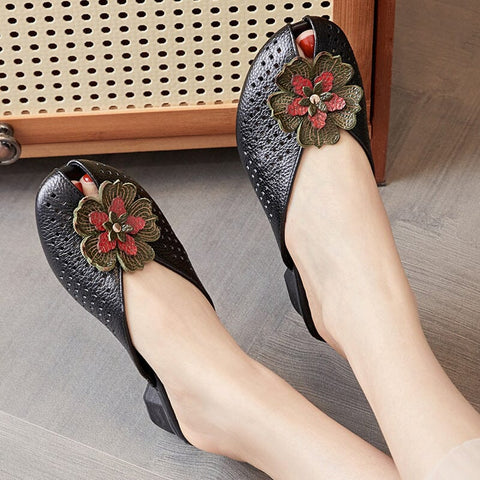 Summer Retro Hollow Leather Chunky Heel Slides Shoes