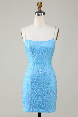 Funkelndes, blaues, figurbetontes, kurzes Homecoming-Kleid mit Spaghettiträgern und Perlen