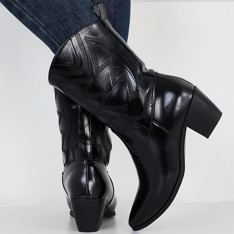Embroidered Western Cowgirl Booties Pull on Chunky Heel Ankle Boots