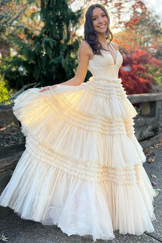 Tulle Tiered Spaghetti Straps Long Prom Dress with Slit