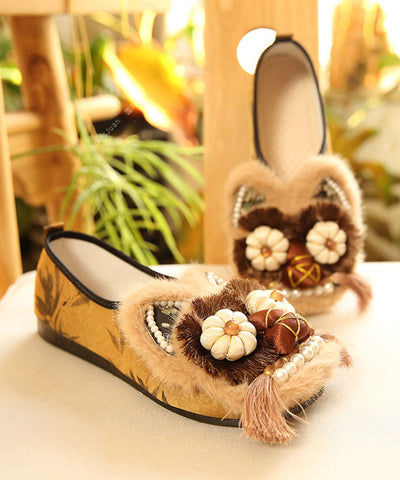 Braune flache Schuhe Baumwollstoff Neue Quaste Stickerei