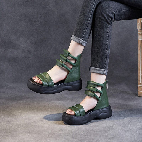 Women Summer Retro Leather Platform Sandals