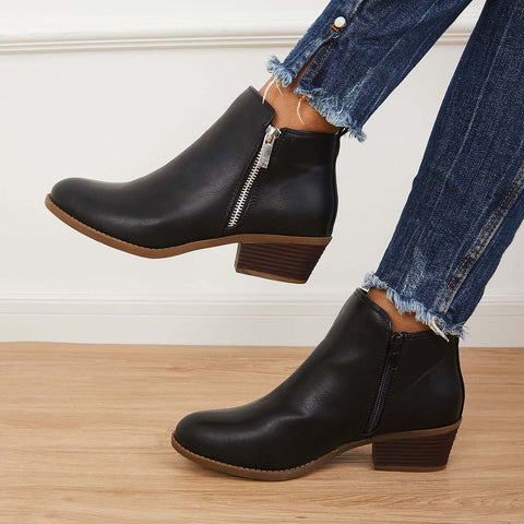 Chunky Block Heel Ankle Boots Side Zipper Booties