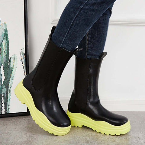 Platform Lug Sole Mid Calf Chelsea Boots Chunky Block Heel Booties