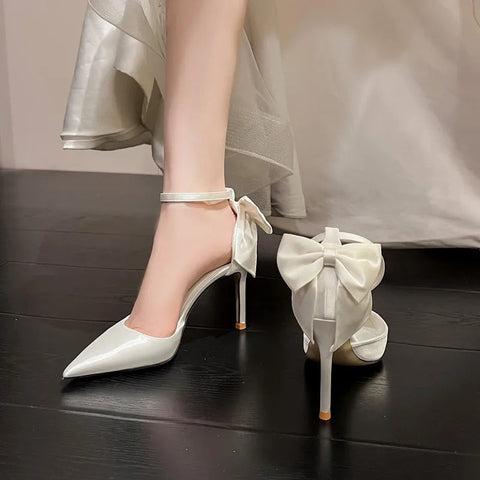 2024 New High Heels Women's Thin Heel Strap Satin White Wedding Shoes Butterfly Bridal Shoes
