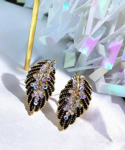 Vogue Black Copper Zircon Leaf Stud Earrings