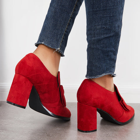 Bowknot Pointed Toe Chunky High Heel Pumps Slip on Dress Shoes