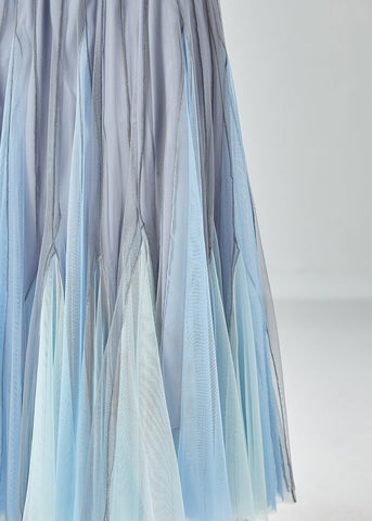Handmade Grey Blue High Waist Patchwork Tulle Pleated Skirt Summer