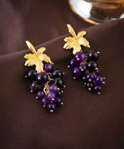 Fashion Dark Purple Sterling Silver Overgild Grape Drop Earrings