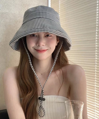 Stylish Black White Plaid Drawstring Bucket Hat