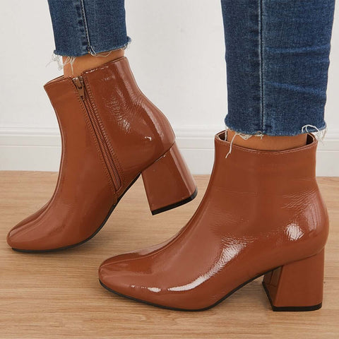 Patent Leather Block Heel Ankle Booties Square Toe Side Zipper Boots