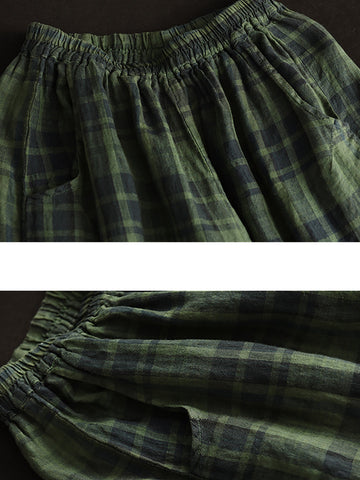 Women Summer Vintage Pocket Plaid Linen Harem Pants