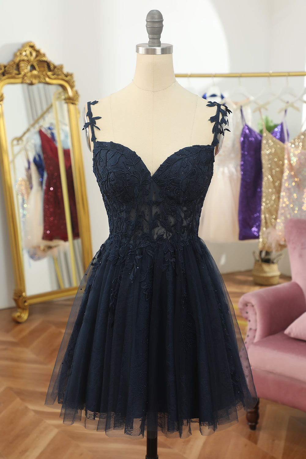 Navy Backless Short Cocktail Dress with Appliques