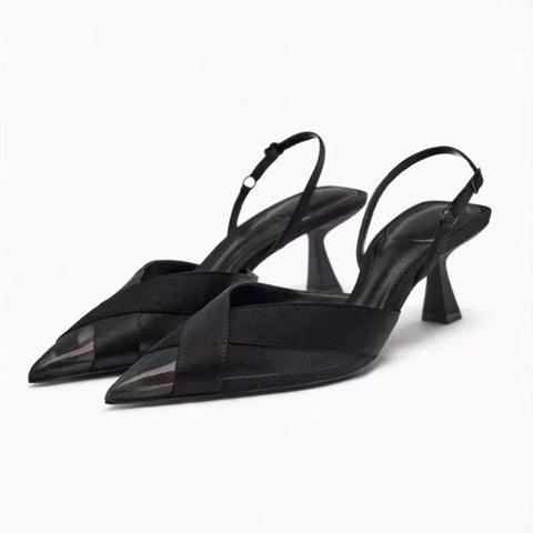 Fashion Thin Heels Sandals Women's Brown Cross 2024 Pointed Toe Shallow Office Low-heel Pumps Slingbacks Temperament Mule Shoes