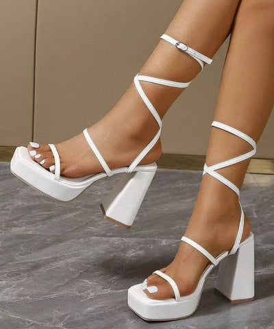 Fashion White Chunky Heel Sandals Lace Up Peep Toe