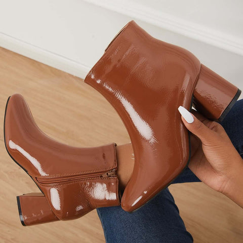 Patent Leather Block Heel Ankle Booties Square Toe Side Zipper Boots