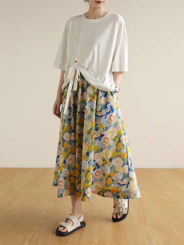 Summer Women Artsy Flower Drawstring Pocket Skirt